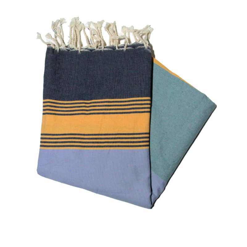 Flache Fouta Tozeur in Marineblau, Himmelgelb und Grün