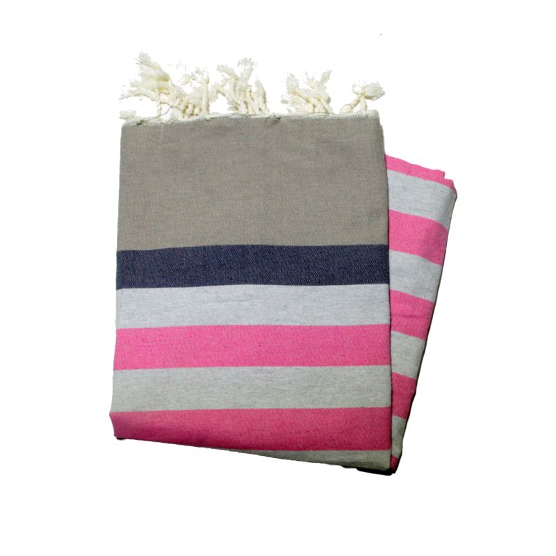 Flaches Fouta von Kerouan in Taupe, Marineblau, Grau und Fuchsia