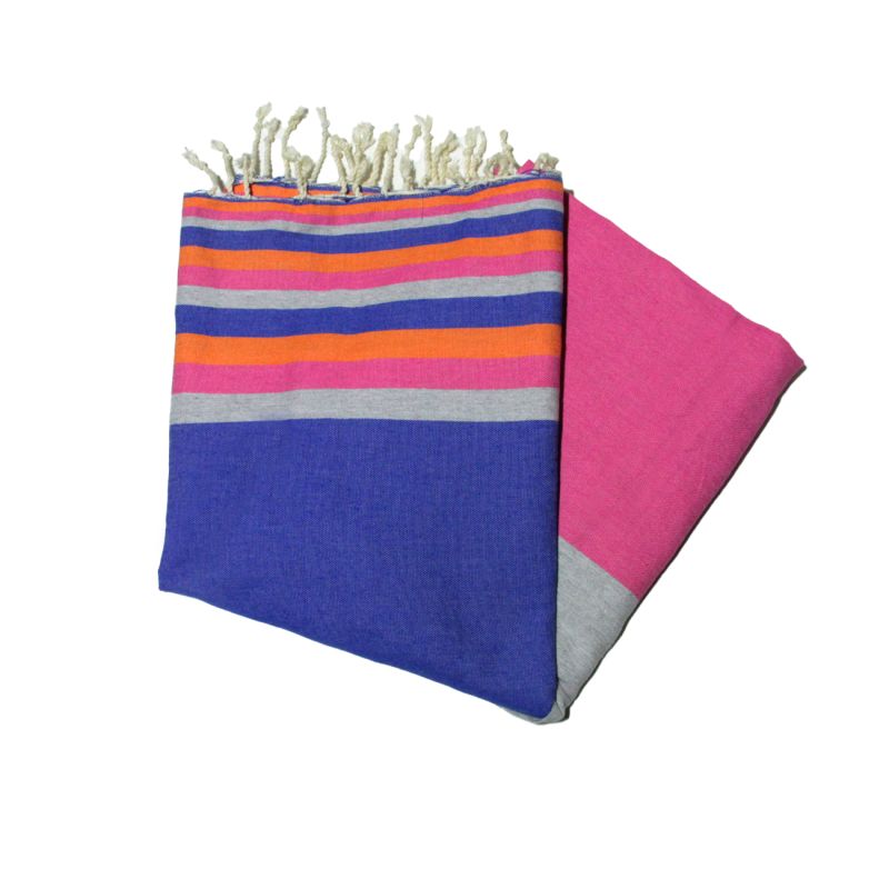 Flaches Fouta-Sousse in griechischem Blau, Orange, Fuchsia und Grau