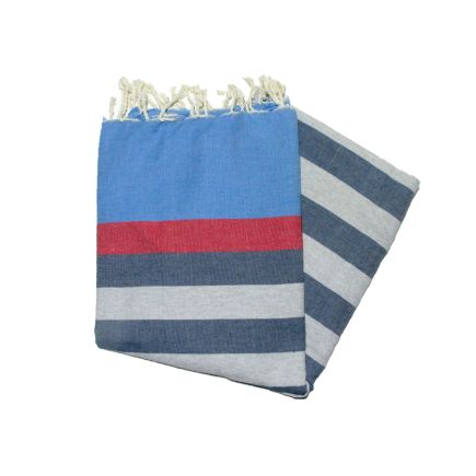Fouta plana Kerouan en azul, rojo, azul pato y gris claro