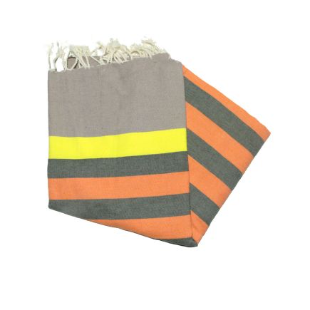 Fouta plana Kerouan em tons de cinza, amarelo, cáqui e laranja