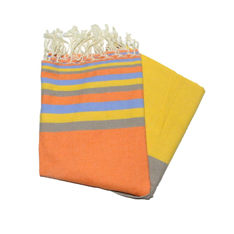 Flacher Fouta in Orange, Himmelblau, Safran und Taupe