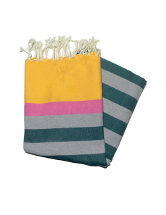 Flat Kerouan fouta in taupe, navy, grey & fuchsia | Fouta du Sud